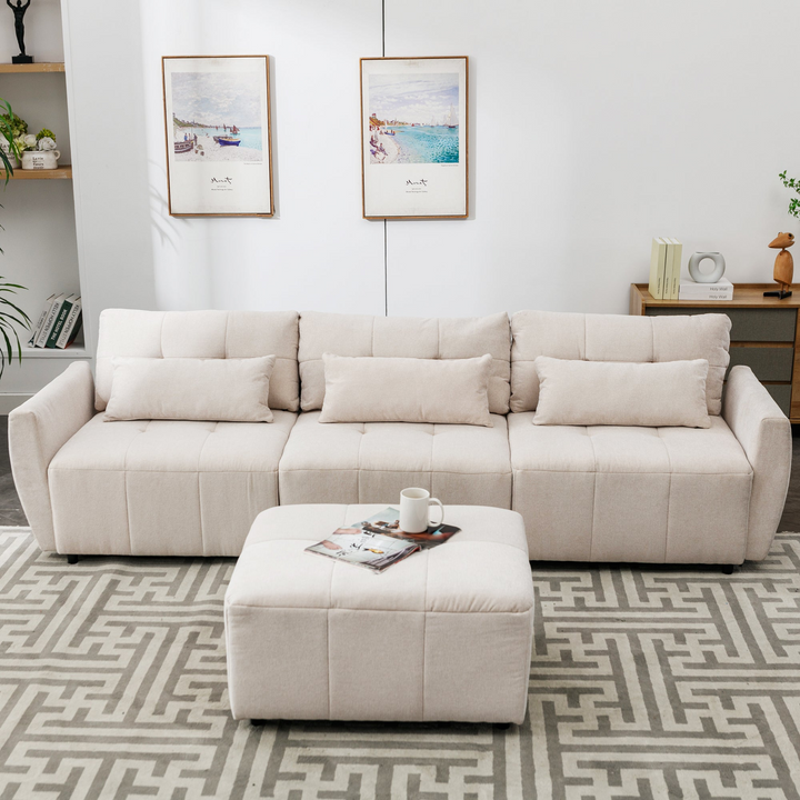 113.3" Convertible Sectional Sofa Couch 3-Seat L-Shaped Sofa with Movable Ottoman and  USB for Apartment, Living Room, Bedroom, Beige