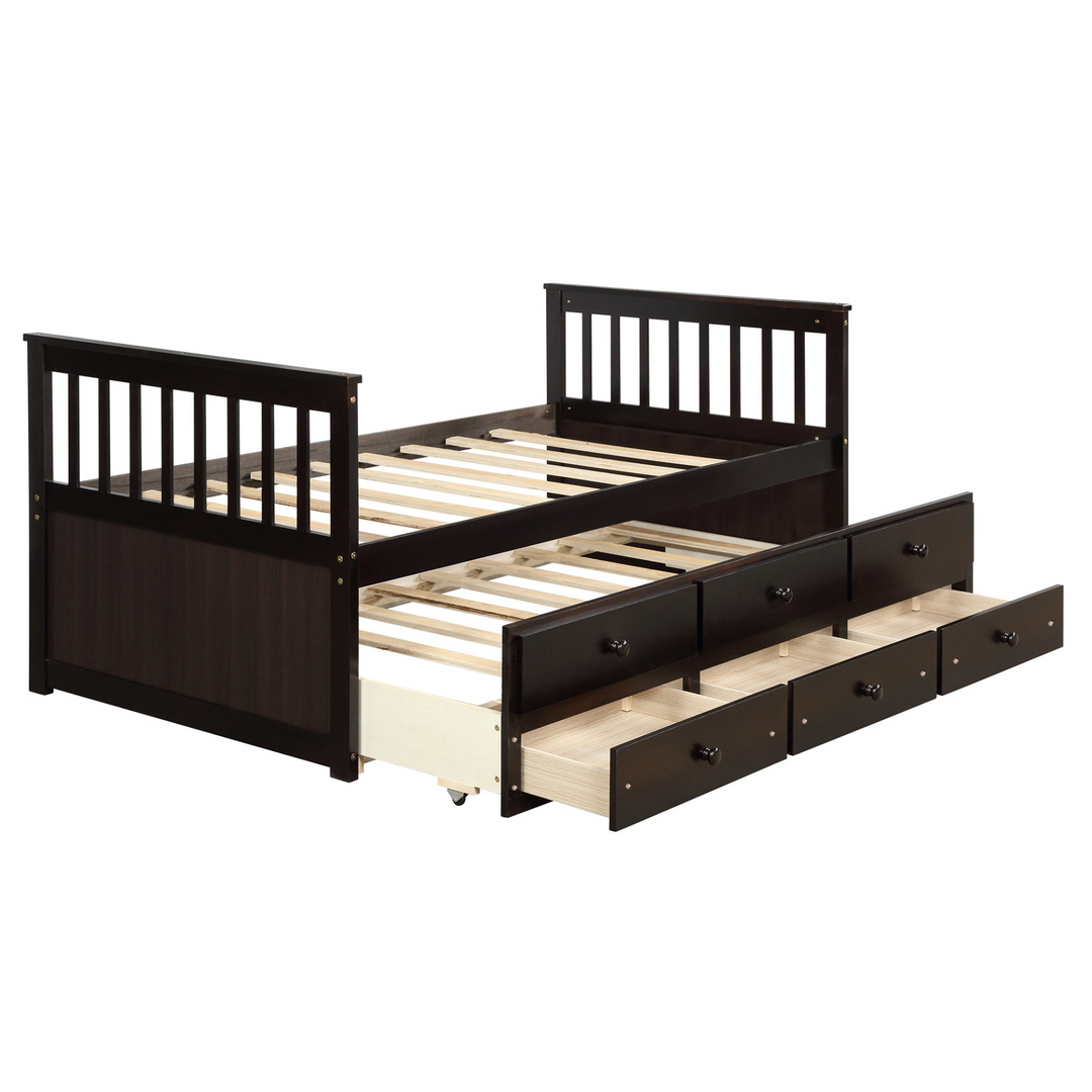 Espresso Twin Daybed with Trundle Bed and Storage Drawers - Solid Wood Captain's Bed for Small Spaces