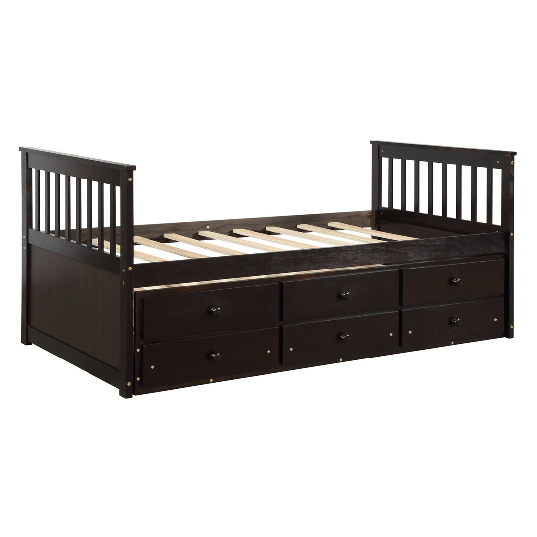 Espresso Twin Daybed with Trundle Bed and Storage Drawers - Solid Wood Captain's Bed for Small Spaces