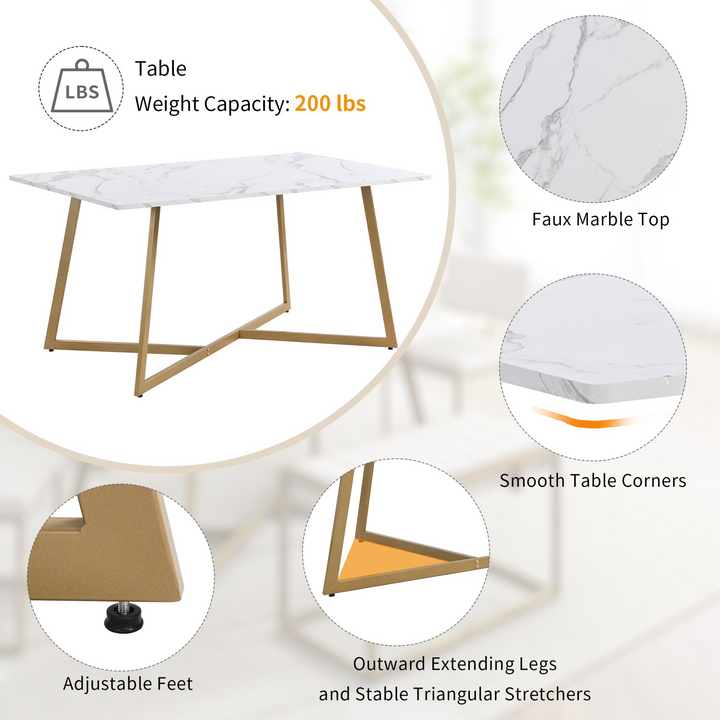 Modern Faux Marble 6-Piece Dining Table Set,60inch Metal Kitchen Table Set with Upholstered Dining Chairs and Bench, Golden