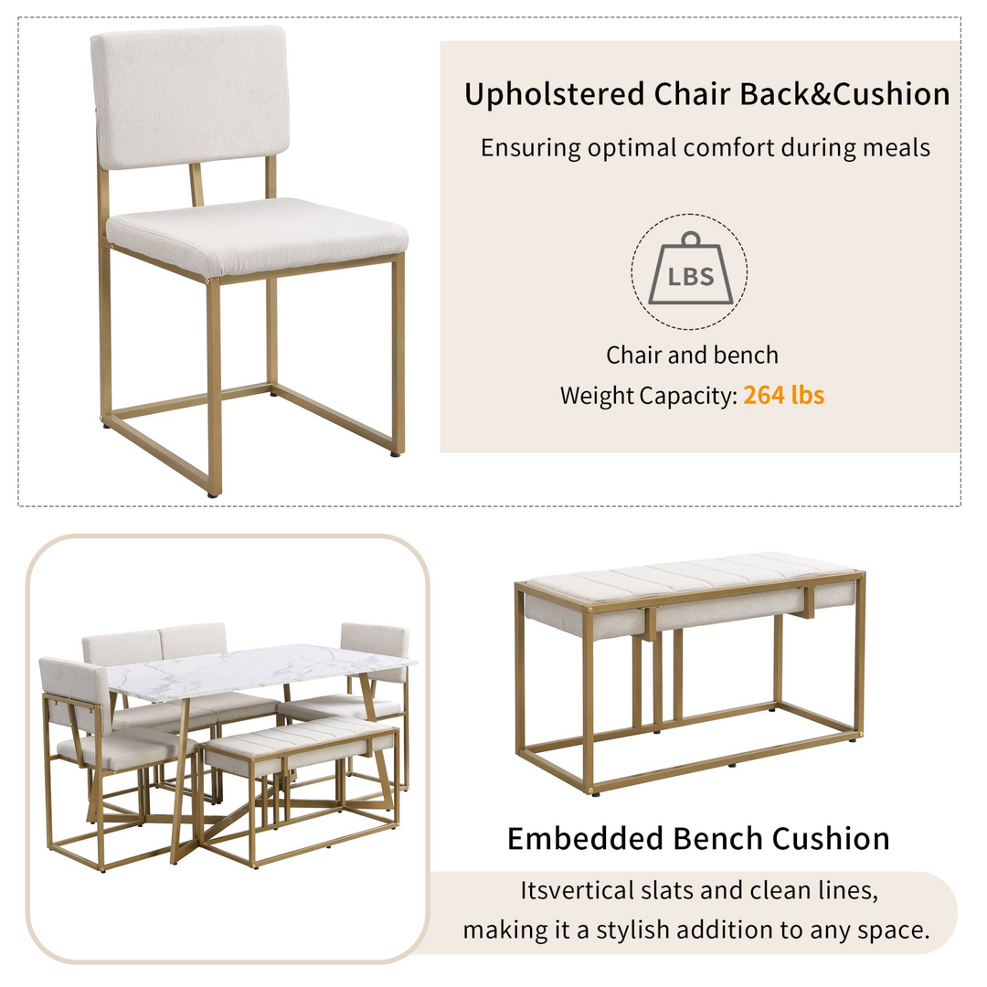 Modern Faux Marble 6-Piece Dining Table Set,60inch Metal Kitchen Table Set with Upholstered Dining Chairs and Bench, Golden