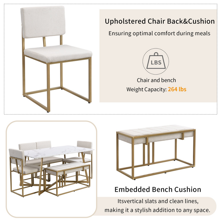 Modern Faux Marble 6-Piece Dining Table Set,60inch Metal Kitchen Table Set with Upholstered Dining Chairs and Bench, Golden