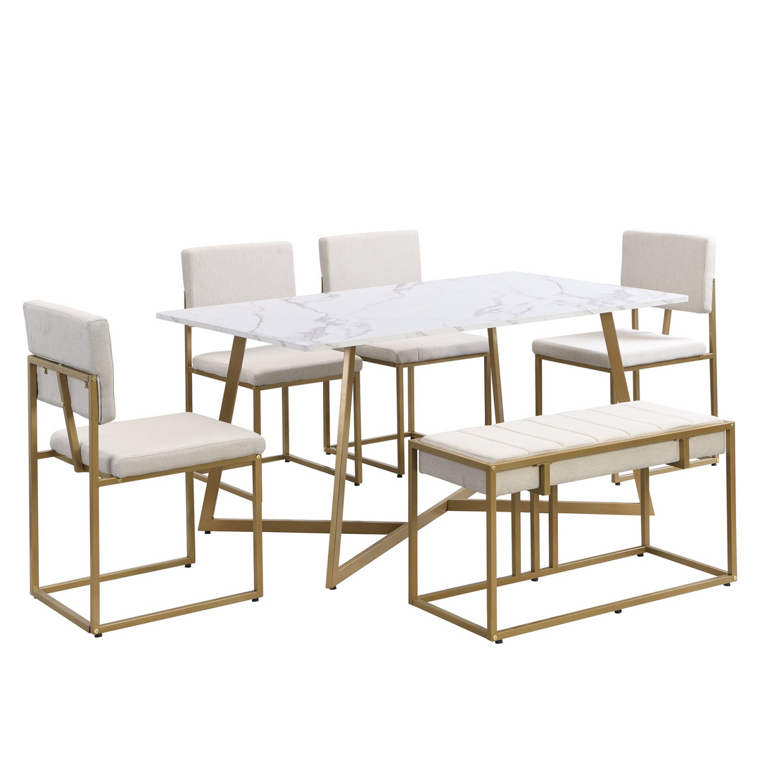 Modern Faux Marble 6-Piece Dining Table Set,60inch Metal Kitchen Table Set with Upholstered Dining Chairs and Bench, Golden