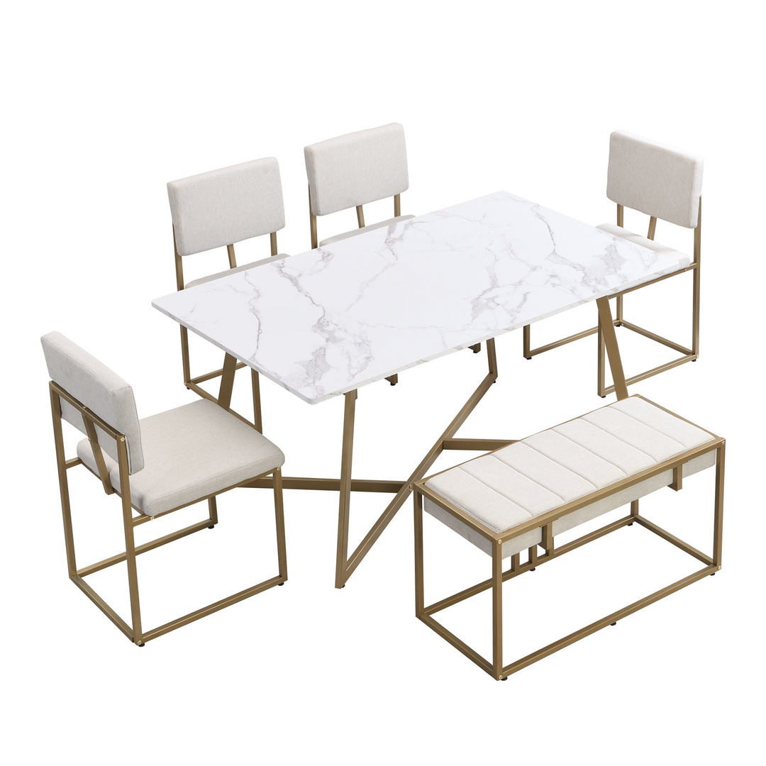 Modern Faux Marble 6-Piece Dining Table Set,60inch Metal Kitchen Table Set with Upholstered Dining Chairs and Bench, Golden
