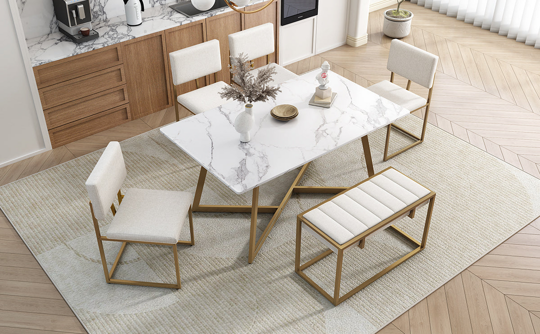 Modern Faux Marble 6-Piece Dining Table Set,60inch Metal Kitchen Table Set with Upholstered Dining Chairs and Bench, Golden