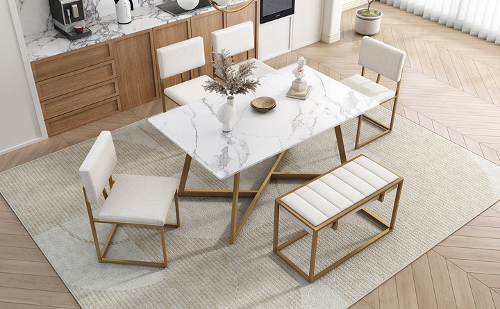 Modern Faux Marble 6-Piece Dining Table Set,60inch Metal Kitchen Table Set with Upholstered Dining Chairs and Bench, Golden