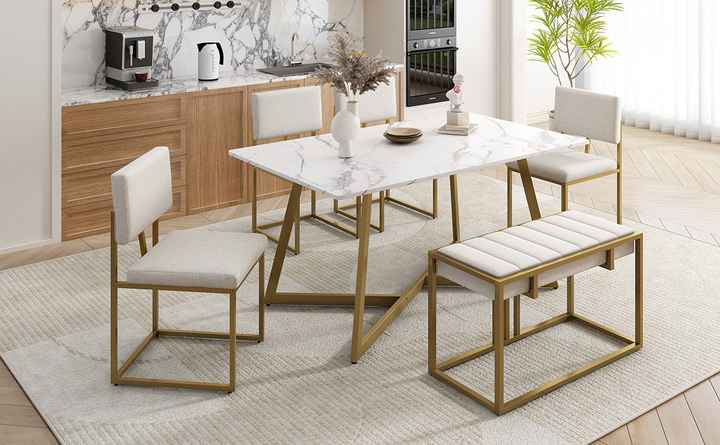 Modern Faux Marble 6-Piece Dining Table Set,60inch Metal Kitchen Table Set with Upholstered Dining Chairs and Bench, Golden