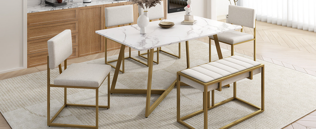 Modern Faux Marble 6-Piece Dining Table Set,60inch Metal Kitchen Table Set with Upholstered Dining Chairs and Bench, Golden