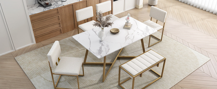 Modern Faux Marble 6-Piece Dining Table Set,60inch Metal Kitchen Table Set with Upholstered Dining Chairs and Bench, Golden