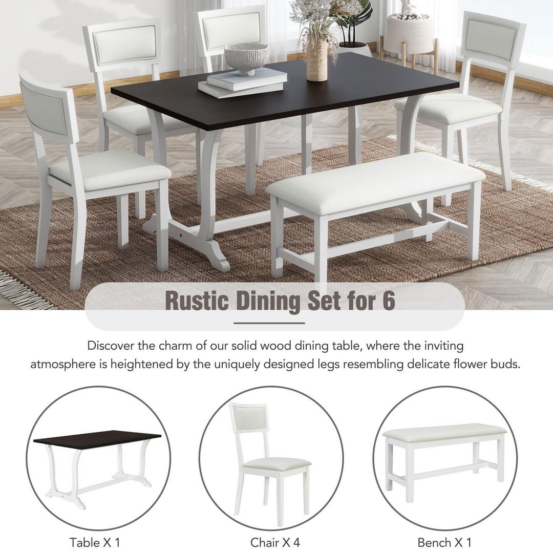 Farmhouse 6-Piece Trestle Dining Table Set with Upholstered Dining Chairs and Bench, 59inch, White