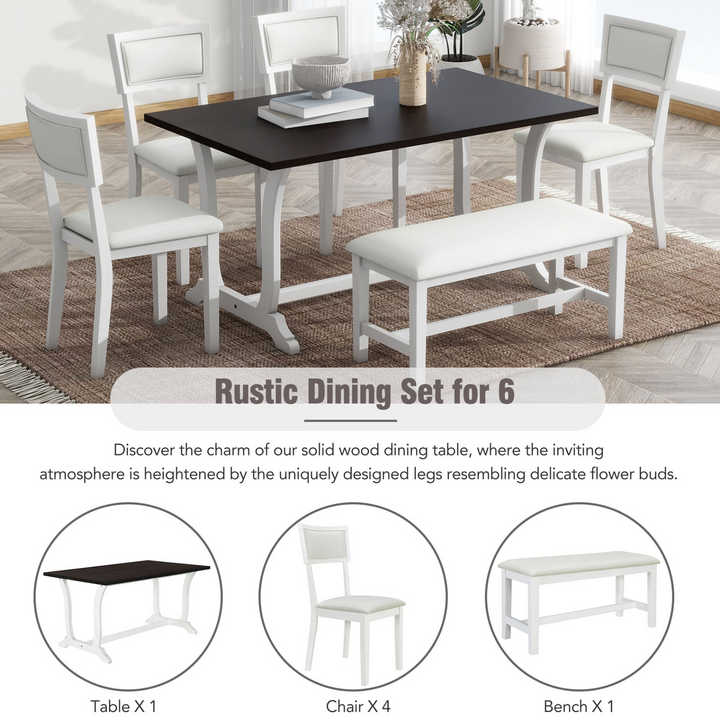 Farmhouse 6-Piece Trestle Dining Table Set with Upholstered Dining Chairs and Bench, 59inch, White