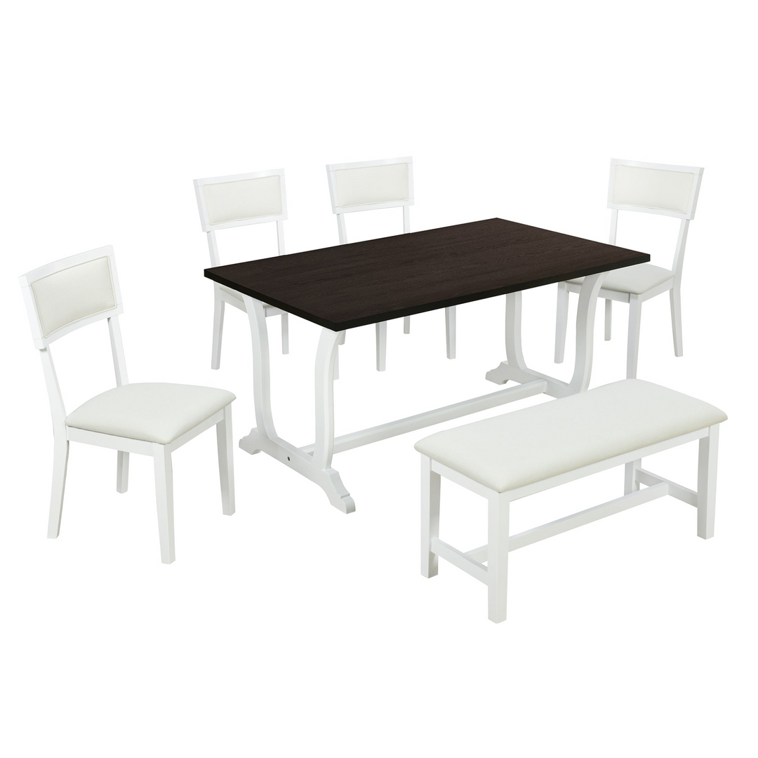 Farmhouse 6-Piece Trestle Dining Table Set with Upholstered Dining Chairs and Bench, 59inch, White