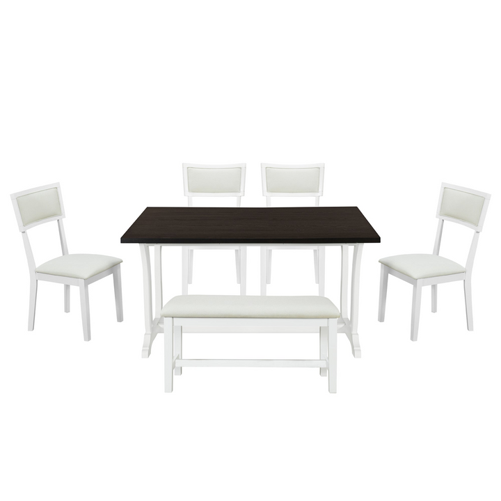 Farmhouse 6-Piece Trestle Dining Table Set with Upholstered Dining Chairs and Bench, 59inch, White