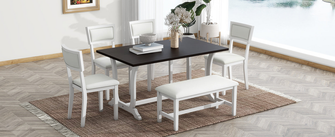 Farmhouse 6-Piece Trestle Dining Table Set with Upholstered Dining Chairs and Bench, 59inch, White