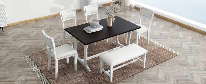 Farmhouse 6-Piece Trestle Dining Table Set with Upholstered Dining Chairs and Bench, 59inch, White