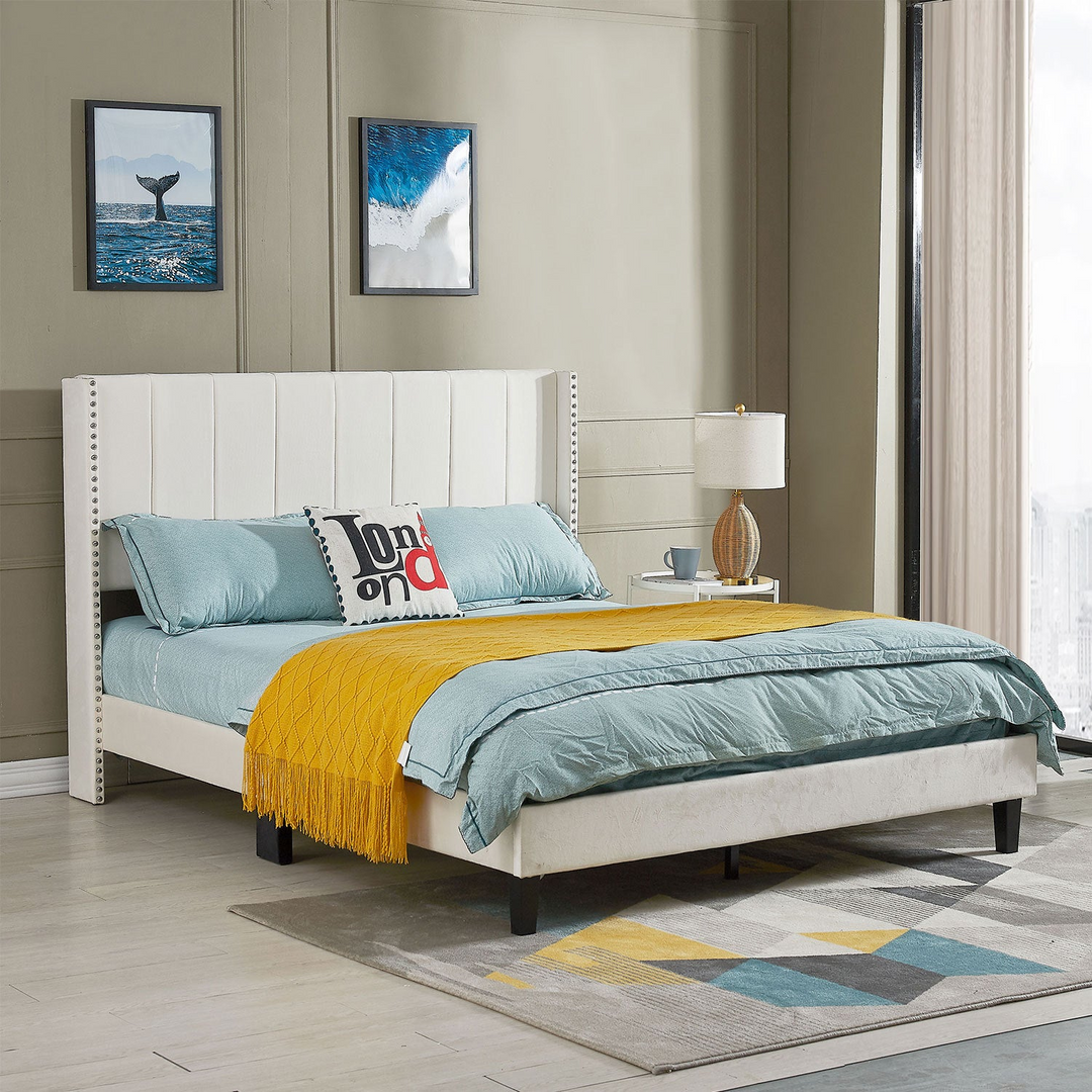 Queen Bed Frame, Beige Velvet Upholstered with Vertical Channel Tufted Headboard - Solid Wood, Contemporary Style
