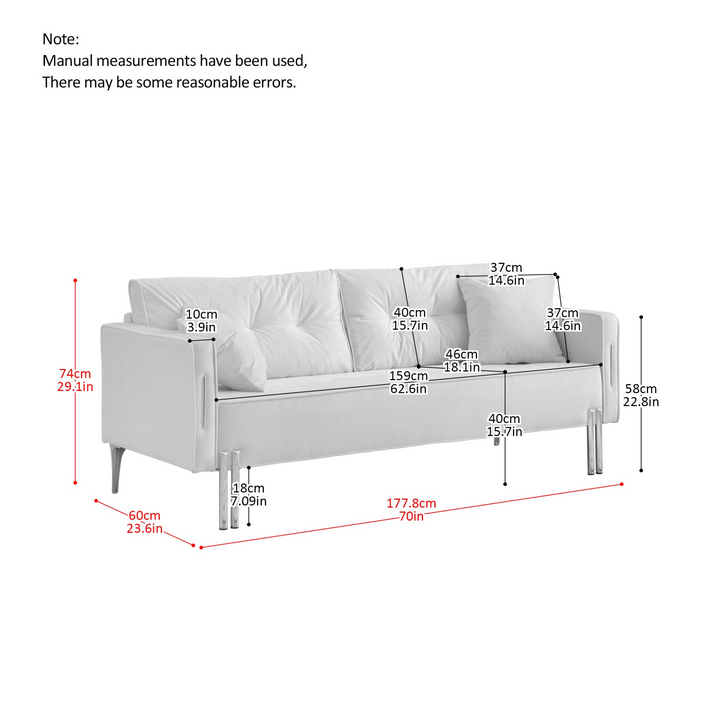 70" Velvet Sofa Couch Luxury Modern Upholstered 3-Seater sofa with 2 Pillows for Living Room, Apartment and Small Space