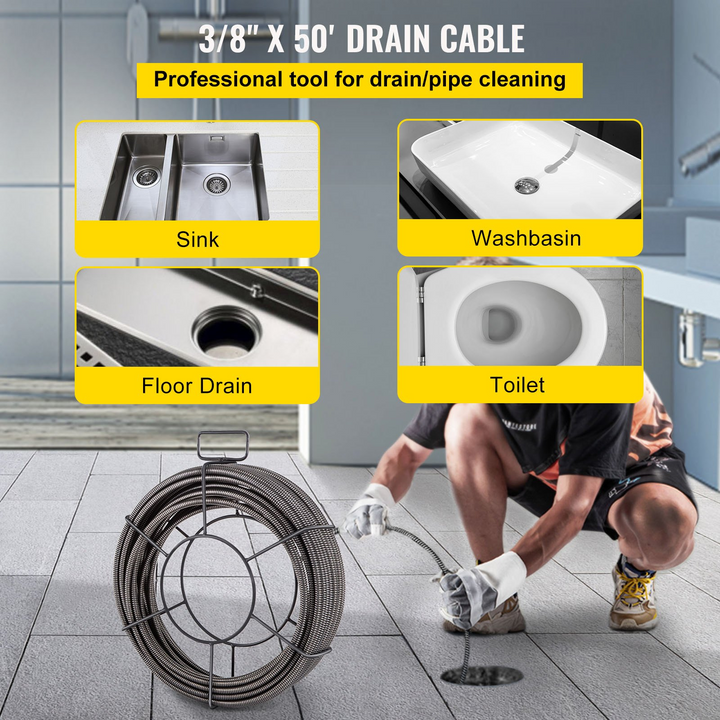 VEVOR Drain Cleaning Cable 50 Feet x 3/8 Inch Solid Core Cable Sewer Cable Drain Auger Cable Cleaner Snake Clog Pipe Drain Cleaning Cable Sewer Drain Auger Snake Pipe