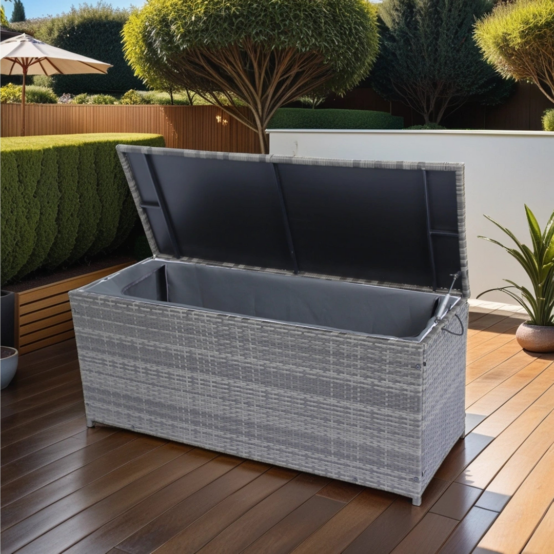 Outdoor Storage Box, 113 Gallon Wicker Patio Deck Boxes with Lid, Outdoor Cushion Storage for Kids Toys, Pillows, Towel Grey Wicker