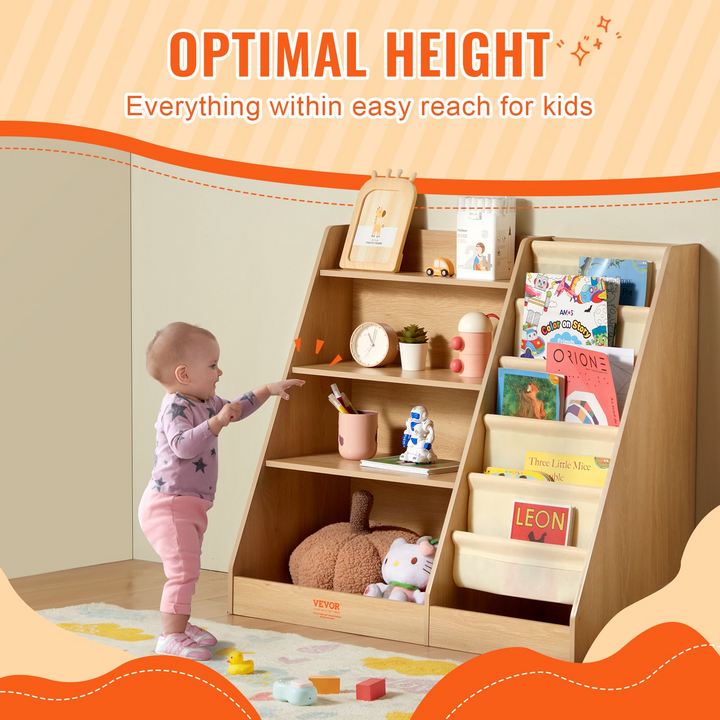 VEVOR 4-Tier Kids Wooden Bookshelf, Six-Layer Sling Bookcase, Baby Storage Book Rack, Book Toy Organizer Cabinet for Kids Room, Playroom, Kindergarten, Nursery