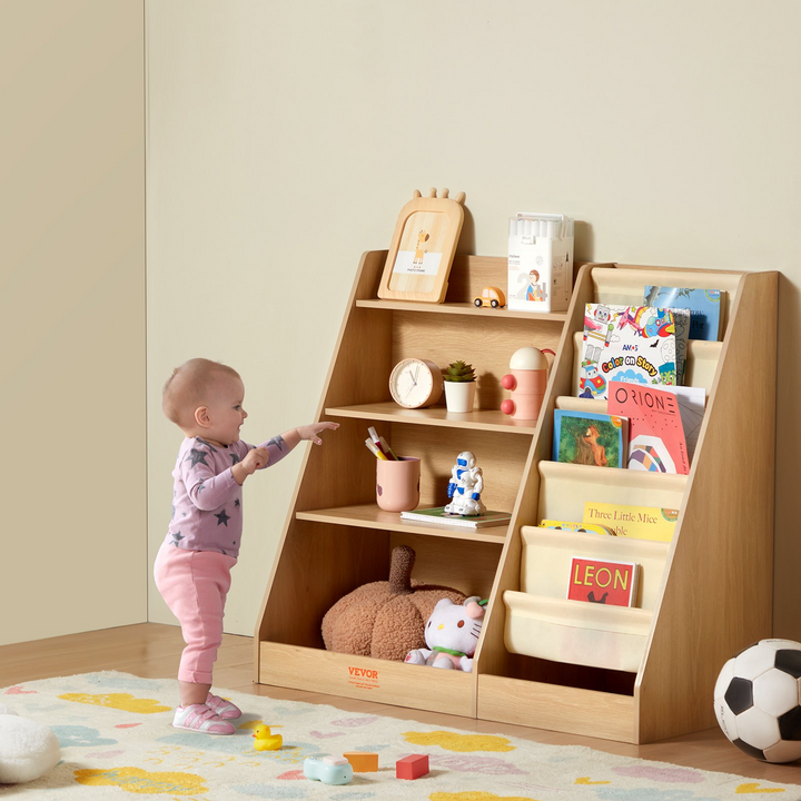 VEVOR 4-Tier Kids Wooden Bookshelf, Six-Layer Sling Bookcase, Baby Storage Book Rack, Book Toy Organizer Cabinet for Kids Room, Playroom, Kindergarten, Nursery