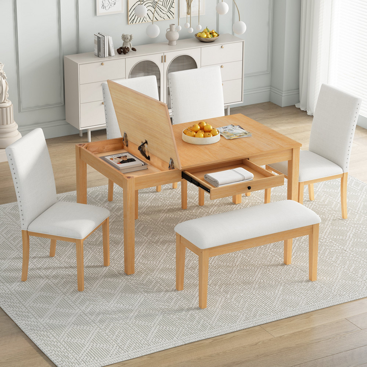 Farmhouse 6-Piece Dining Table Set with Storage Table, Kitchen Table Set with Drawer, Storable Bench and Upholstered Dining Chairs, Natural+Beige