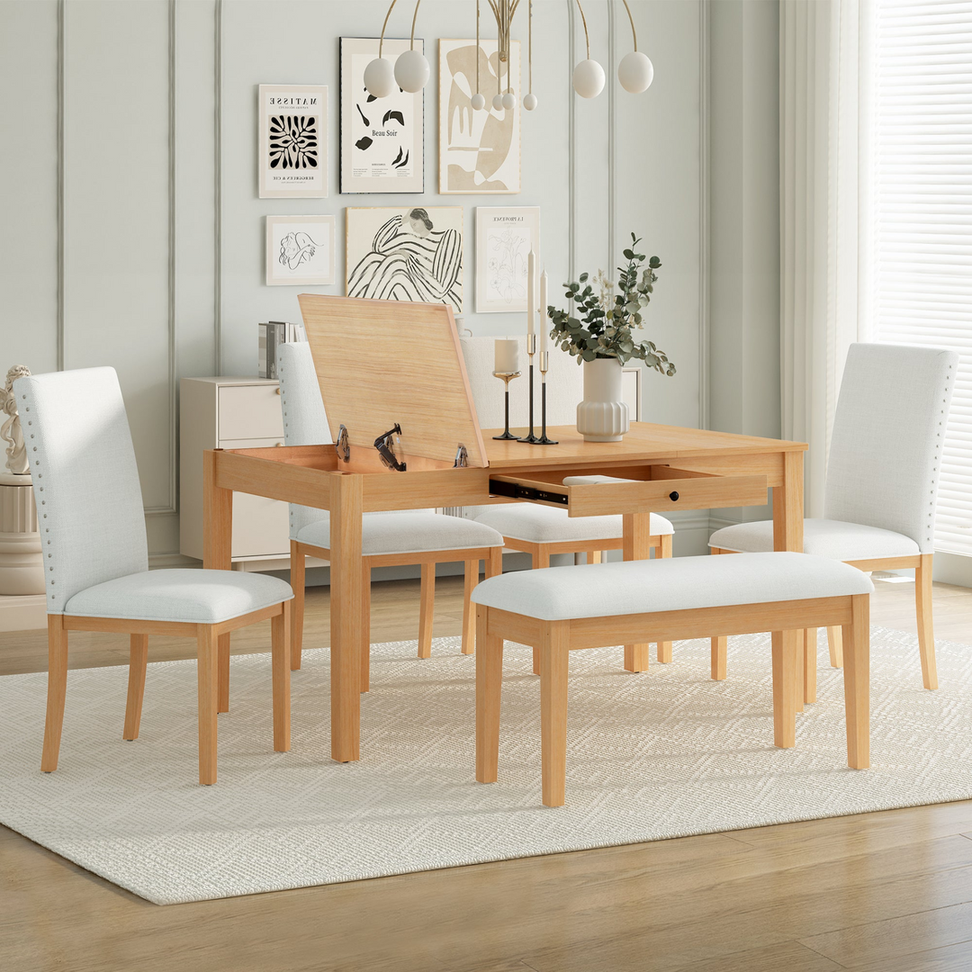 Farmhouse 6-Piece Dining Table Set with Storage Table, Kitchen Table Set with Drawer, Storable Bench and Upholstered Dining Chairs, Natural+Beige