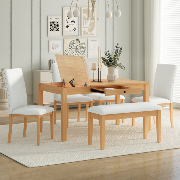 Farmhouse 6-Piece Dining Table Set with Storage Table, Kitchen Table Set with Drawer, Storable Bench and Upholstered Dining Chairs, Natural+Beige