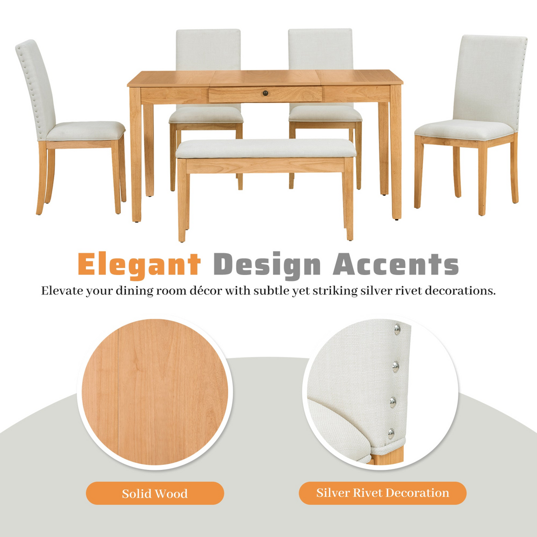 Farmhouse 6-Piece Dining Table Set with Storage Table, Kitchen Table Set with Drawer, Storable Bench and Upholstered Dining Chairs, Natural+Beige