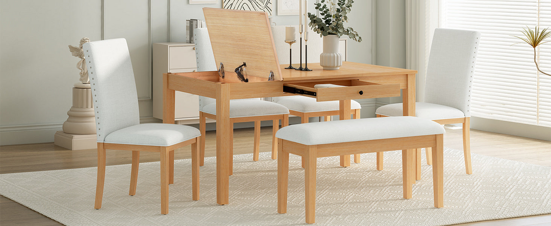 Farmhouse 6-Piece Dining Table Set with Storage Table, Kitchen Table Set with Drawer, Storable Bench and Upholstered Dining Chairs, Natural+Beige