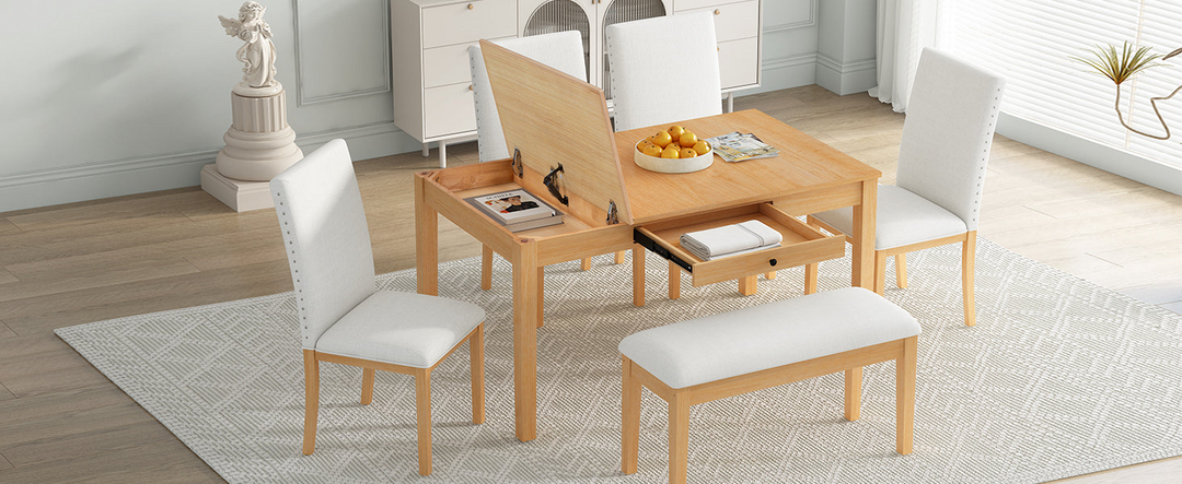 Farmhouse 6-Piece Dining Table Set with Storage Table, Kitchen Table Set with Drawer, Storable Bench and Upholstered Dining Chairs, Natural+Beige