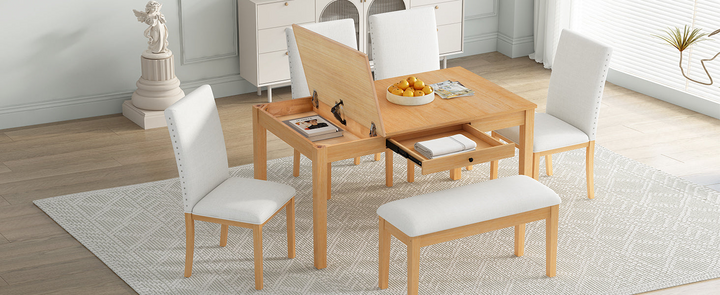 Farmhouse 6-Piece Dining Table Set with Storage Table, Kitchen Table Set with Drawer, Storable Bench and Upholstered Dining Chairs, Natural+Beige