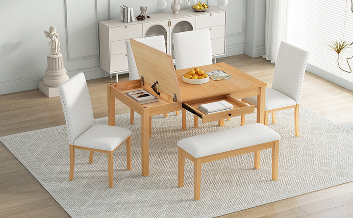 Farmhouse 6-Piece Dining Table Set with Storage Table, Kitchen Table Set with Drawer, Storable Bench and Upholstered Dining Chairs, Natural+Beige