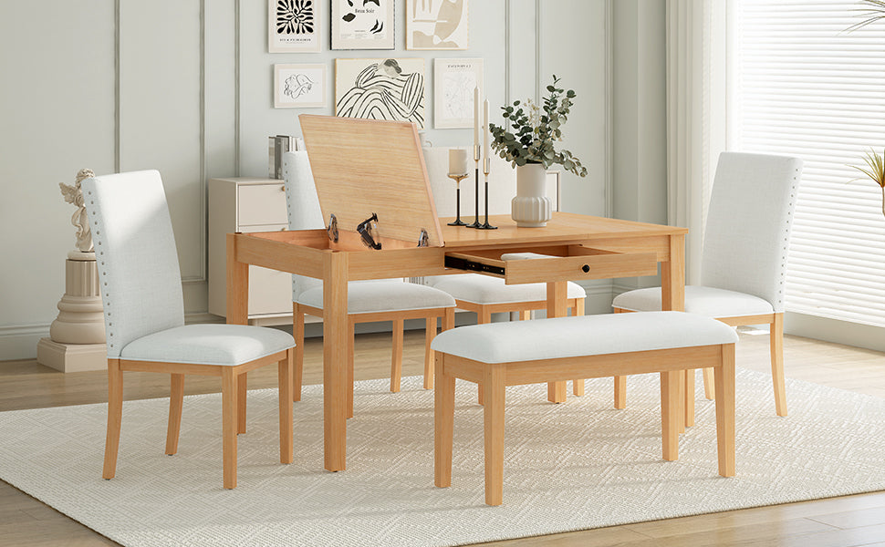 Farmhouse 6-Piece Dining Table Set with Storage Table, Kitchen Table Set with Drawer, Storable Bench and Upholstered Dining Chairs, Natural+Beige