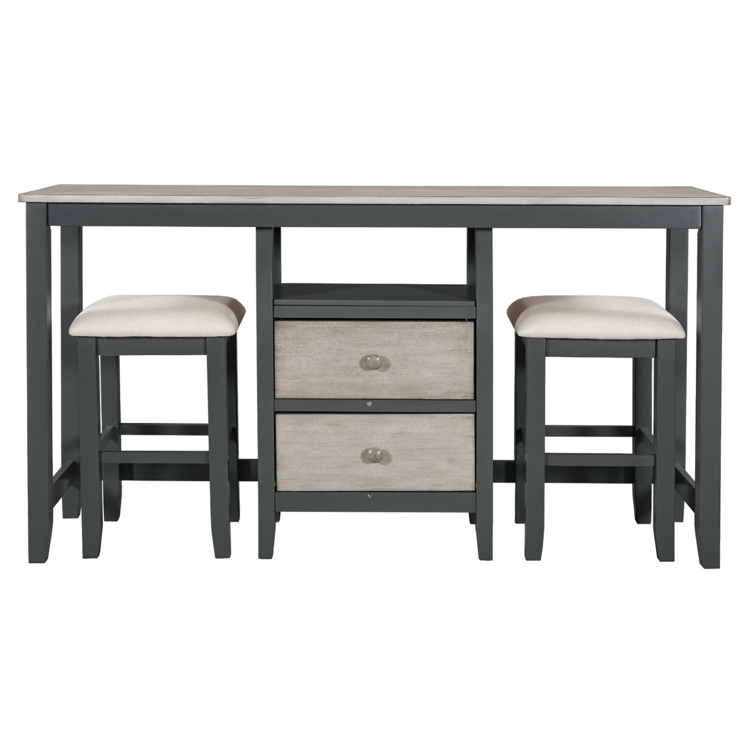Farmhouse Rustic 3-piece Counter Height Wood Dining Table Set with Cabinet,2 Storage Drawers and 2 Stools for Small Places, Gray and Distressed Light Gray