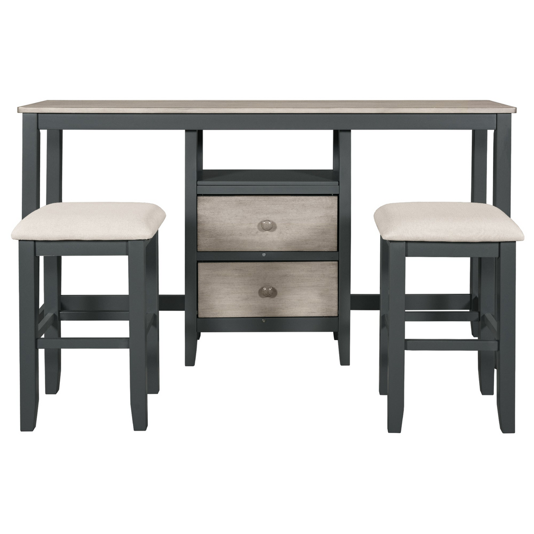 Farmhouse Rustic 3-piece Counter Height Wood Dining Table Set with Cabinet,2 Storage Drawers and 2 Stools for Small Places, Gray and Distressed Light Gray