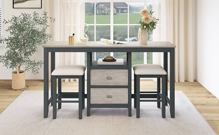 Farmhouse Rustic 3-piece Counter Height Wood Dining Table Set with Cabinet,2 Storage Drawers and 2 Stools for Small Places, Gray and Distressed Light Gray