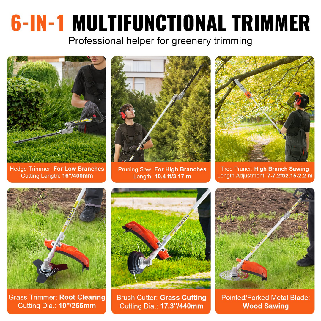 VEVOR 26CC 6-in-1 Multi-Functional Trimming Tools, Gas Hedge Trimmer, Weed Eater, String Trimmer, Brush Cutter, Edger, Pole Saw Chainsaw Pruner with Extension Pole
