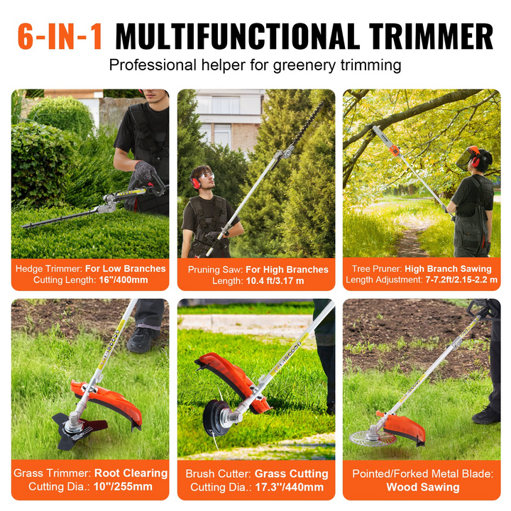 VEVOR 26CC 6-in-1 Multi-Functional Trimming Tools, Gas Hedge Trimmer, Weed Eater, String Trimmer, Brush Cutter, Edger, Pole Saw Chainsaw Pruner with Extension Pole