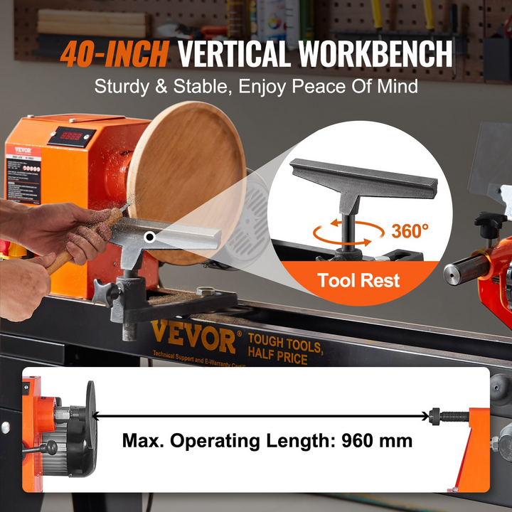 VEVOR Wood Lathe with Copy Attachment, 13.78 in x 37.8 in, 1 HP 750W Woodworking Lathe with Stand, Continuously Variable Speed 700-2600 RPM with Light Hex Wrenches Turning Tool Set, for Woodworking