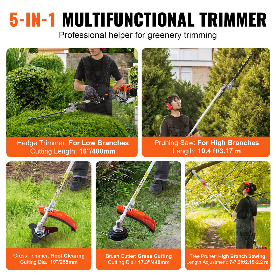 VEVOR 26CC 6-in-1 Multi-Functional Trimming Tools, Gas Hedge Trimmer, Weed Eater, String Trimmer, Brush Cutter, Edger, Pole Saw Chainsaw Pruner with Extension Pole