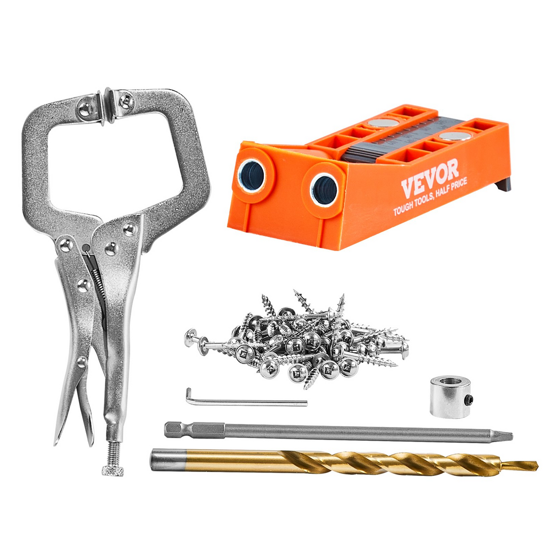 VEVOR Pocket Hole Jig, 56 Pcs Mini Jig Pocket Hole System with 9" C-clamp, Step Drill, Wrench, Square Drive Bit, Drill Stop Ring, and Screws, for DIY Carpentry Projects