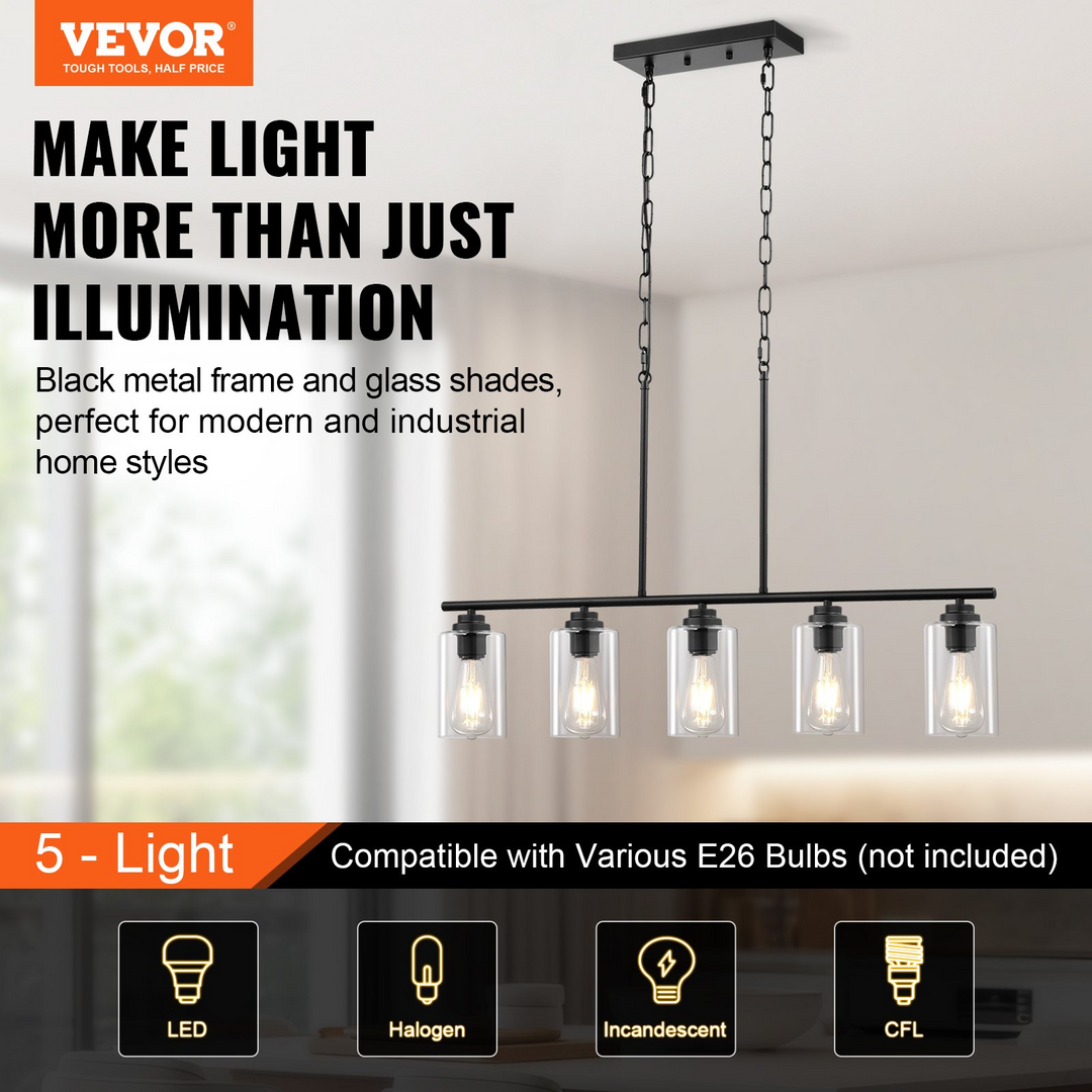 VEVOR 5-Light Kitchen Island Pendant Lights, 60W Adjustable Dining Room Light, E26 Base, Retro-Industrial Style with Glass Lampshades