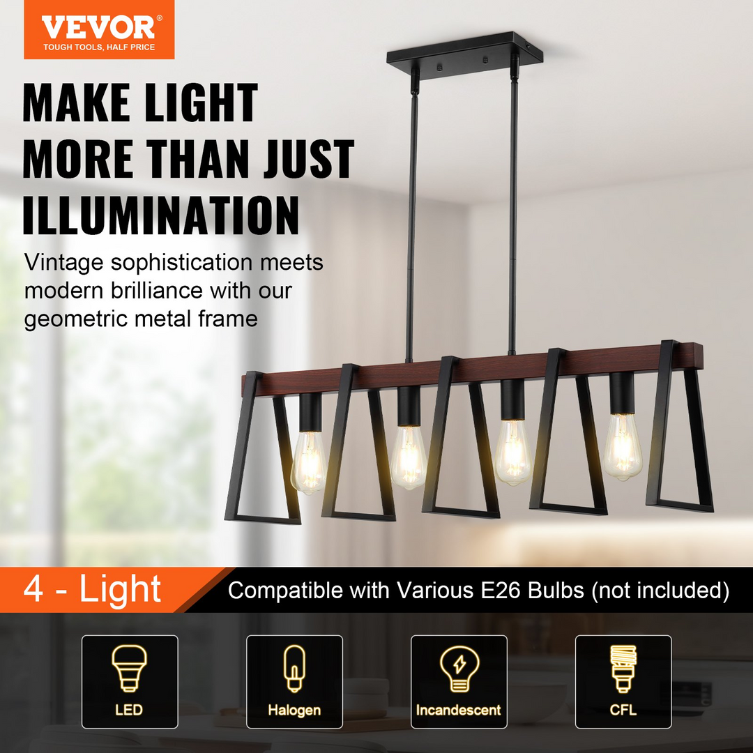 VEVOR 4-Light Kitchen Island Pendant Lights, 60W Adjustable Dining Room Light, E26 Base, Retro-Industrial Style with Durable Metal Finish