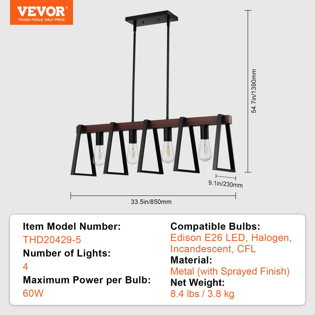 VEVOR 4-Light Kitchen Island Pendant Lights, 60W Adjustable Dining Room Light, E26 Base, Retro-Industrial Style with Durable Metal Finish