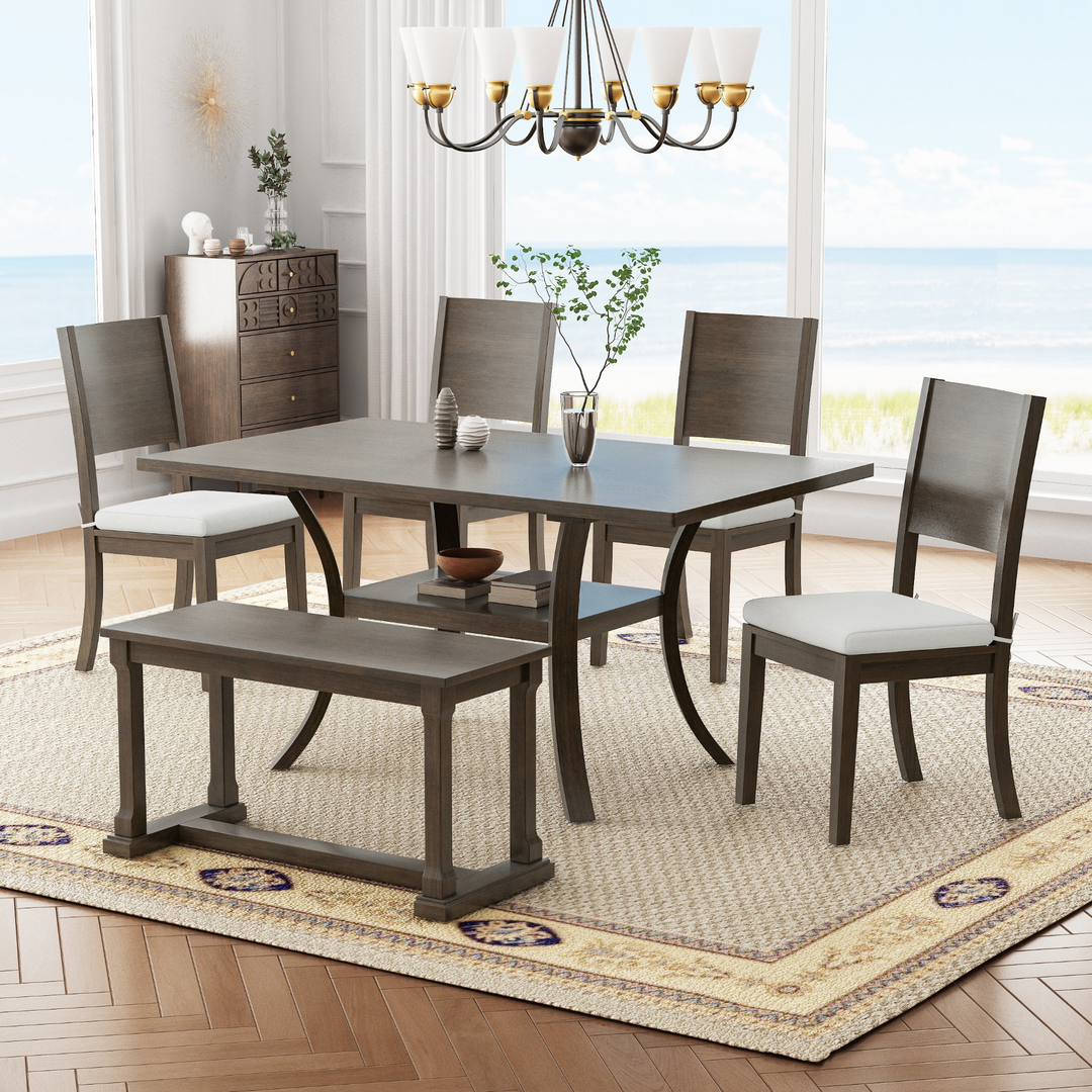 6-Piece Wood Dining Table Set with Storage Shelf and Curved Legs, Kitchen Table Set with Bench and 4 Removable Cushions Dining Chairs, Modern Style, Brown+Gray Cushion