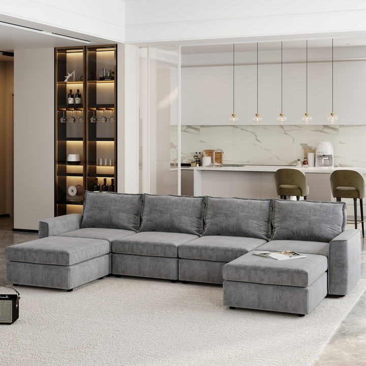 115*58" Chenille Modular Sectional Sofa,U Shaped Reversible Couch,Free Combination,6 Seat Sleeper Sofa Bed with Ottoman,Convertible Oversized Indoor Furniture for Living Room,Gray