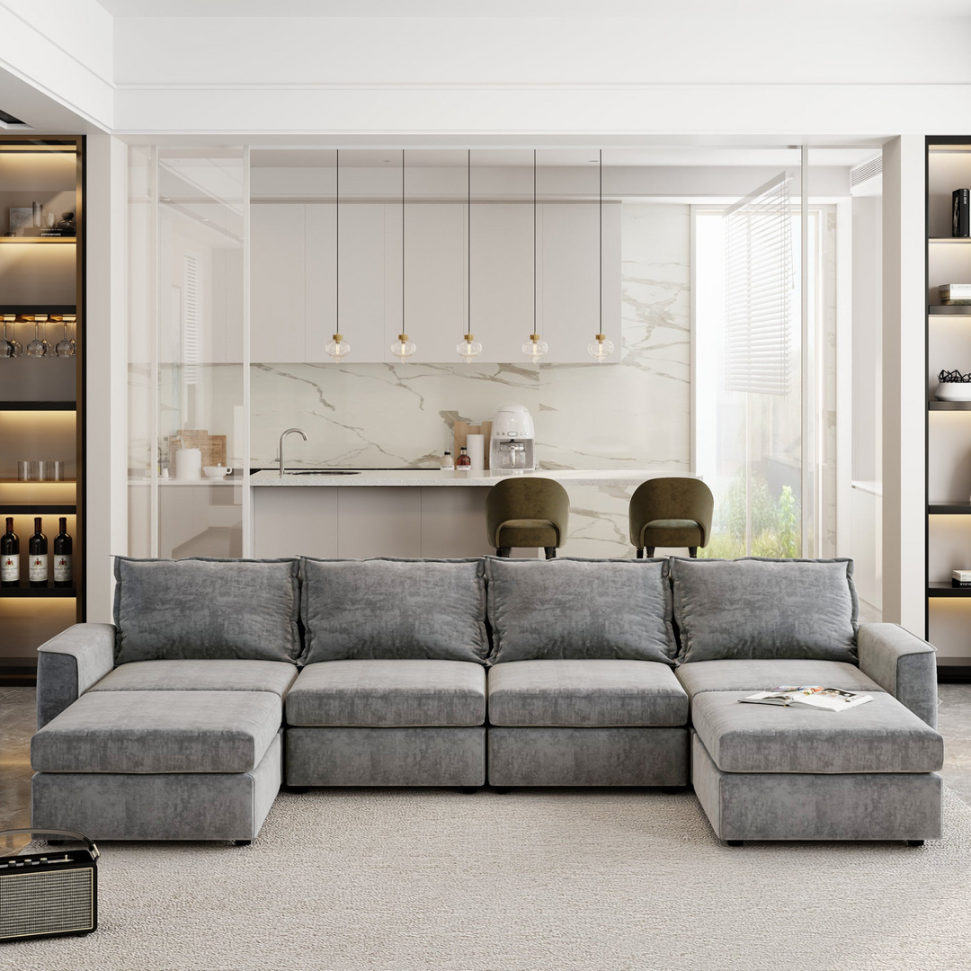 115*58" Chenille Modular Sectional Sofa,U Shaped Reversible Couch,Free Combination,6 Seat Sleeper Sofa Bed with Ottoman,Convertible Oversized Indoor Furniture for Living Room,Gray