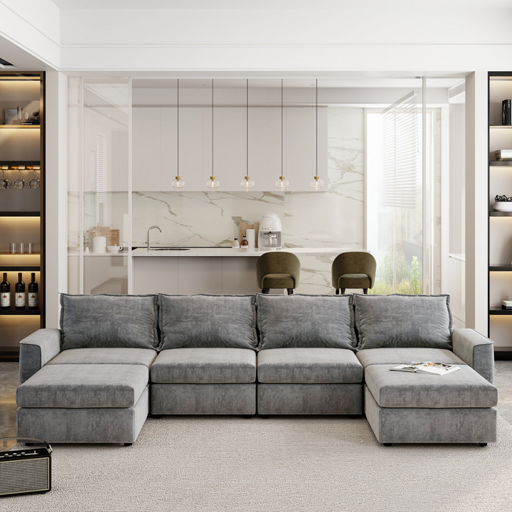 115*58" Chenille Modular Sectional Sofa,U Shaped Reversible Couch,Free Combination,6 Seat Sleeper Sofa Bed with Ottoman,Convertible Oversized Indoor Furniture for Living Room,Gray