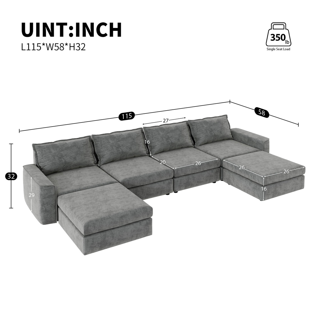 115*58" Chenille Modular Sectional Sofa,U Shaped Reversible Couch,Free Combination,6 Seat Sleeper Sofa Bed with Ottoman,Convertible Oversized Indoor Furniture for Living Room,Gray